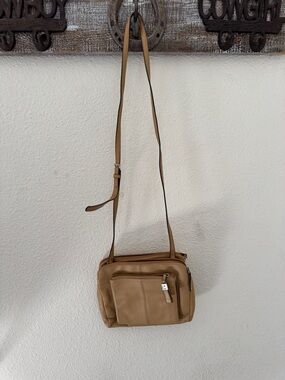 Tiganello Slim Tan Leather Crossbody Bag with Front Zip Pocket